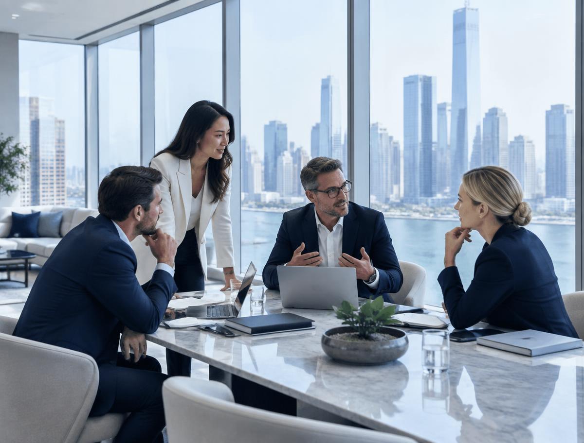 Executive leadership team collaborating on growth strategy in a modern corporate setting